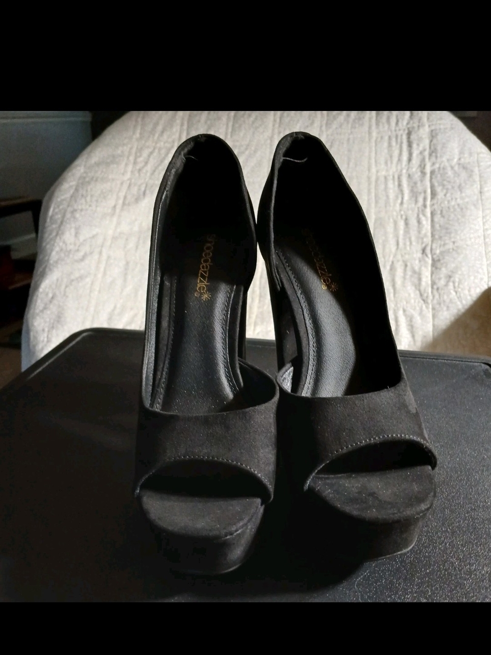 Shoe Dazzle Black Suede Platform Peep-Toe Heels Sz 6.5 - Picture 9 of 15